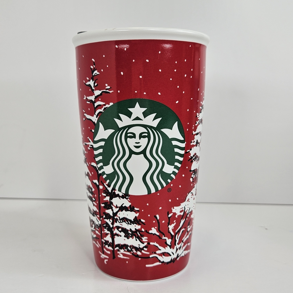 Starbucks Holiday Christmas Forest Ceramic Travel Tumbler Mug 12 Oz